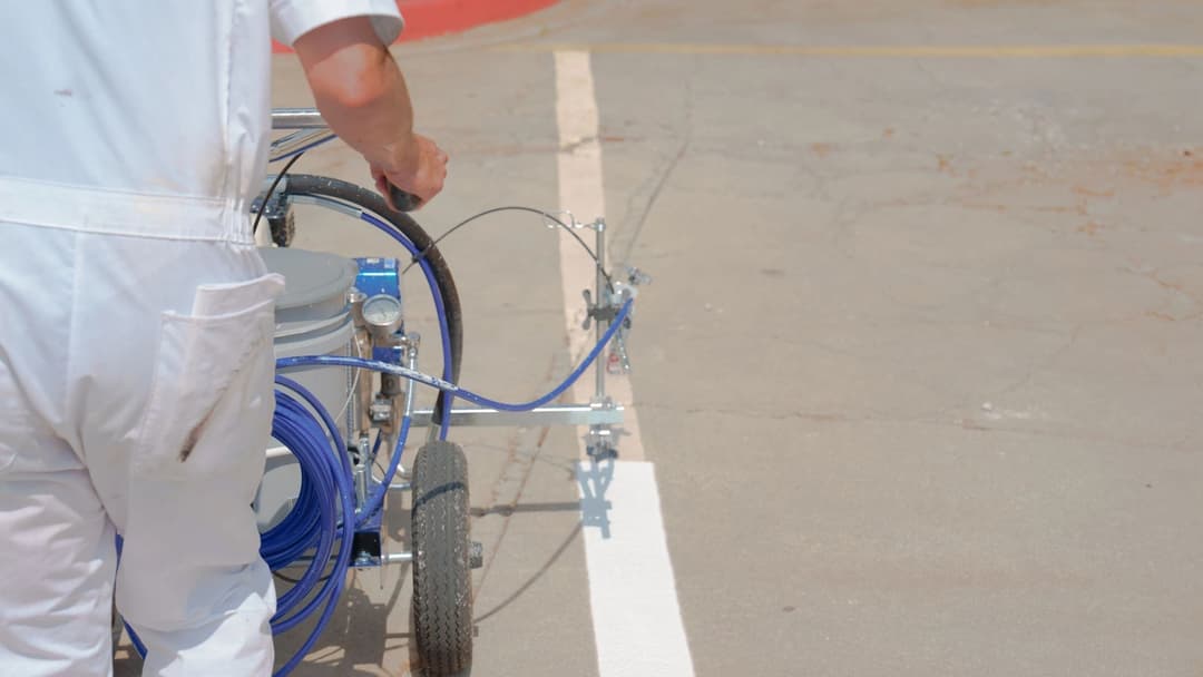 Person in white overalls using a striping machine to paint a white line on asphalt.
