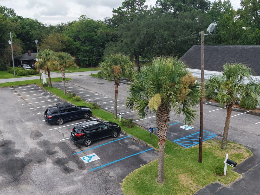 Aerial view of a parking lot featuring palm trees and accessible parking spaces.
